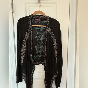 Rock & Roll Cowgirl Black Cardigan with Turquoise & Red Embroidery Medium M